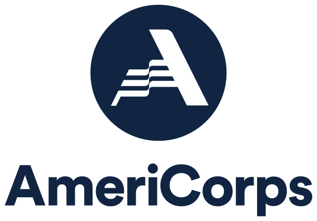 AmeriCorps logo featuring a stylized letter "A" with three horizontal stripes in a navy circle, with the word "AmeriCorps" below in navy text.