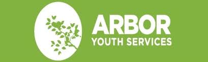 Green background with white circular logo of a tree branch and leaves. White text reads "ARBOR YOUTH SERVICES.
