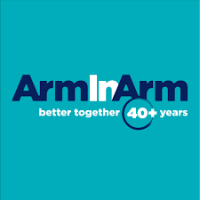 Logo of ArmInArm with the text "better together 40+ years" on a blue background.