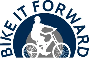 Logo showing a silhouette of a person riding a bicycle within a circle. The words "Bike It Forward" arc above and around the silhouette.