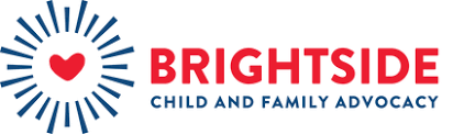 Logo for Brightside Child and Family Advocacy, featuring a red heart within a circular burst design on the left, and the organization's name in red and blue text on the right.