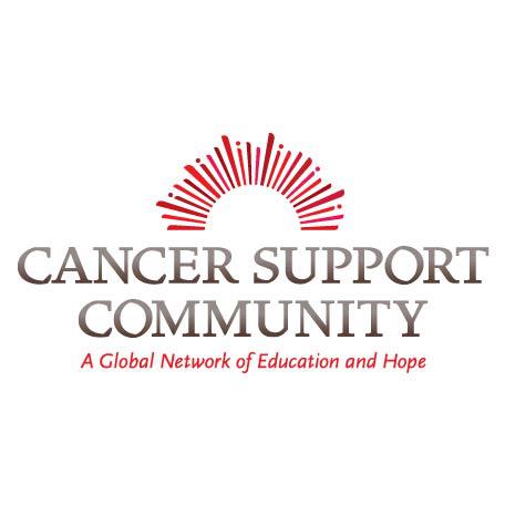 Logo of Cancer Support Community featuring a red sunburst design above the organization's name. Below, it reads "A Global Network of Education and Hope" in red text.