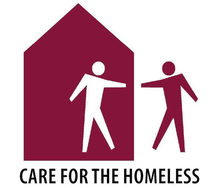 Logo featuring two stick figures, one inside a house handing something to another outside. Text below reads, "CARE FOR THE HOMELESS." The house and figures are depicted in maroon.