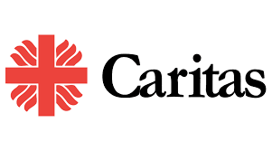 Red cross with four symmetrical quadrants next to the word "Caritas" in black letters on a white background.