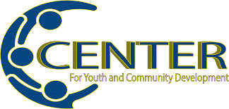 Logo of "Center for Youth and Community Development" with a graphic of four blue abstract human figures forming a circle on the left. The word "CENTER" is in large font, with the rest in smaller letters.