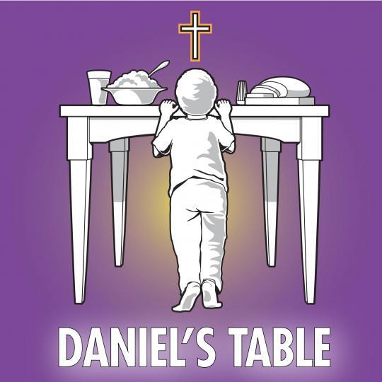 Illustration of a child standing at a table with food, under a cross, against a purple background. Text reads: "Daniel's Table.
