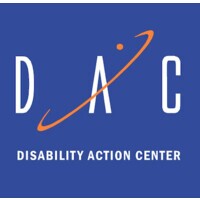 Blue logo with white text: "DAC" and "Disability Action Center". An orange curved line encircles the letter "A".