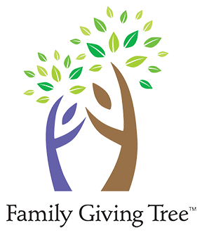 Logo of Family Giving Tree depicting two stylized trees, one in purple and one in brown, with green leaves forming a larger tree canopy above. Text below reads: "Family Giving Tree™.