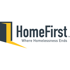 HomeFirst logo includes an open doorway icon with yellow light and the text "HomeFirst" followed by the tagline "Where Homelessness Ends".