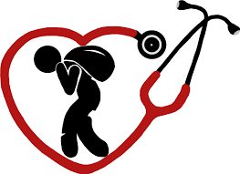 Silhouette of a person carrying a heavy burden inside a red heart shape, with a stethoscope wrapped around it, symbolizing healthcare stress.