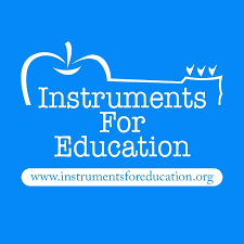 Logo for "Instruments For Education" against a blue background, featuring a stylized apple and guitar image. Below is the website URL: www.instrumentsforeducation.org.