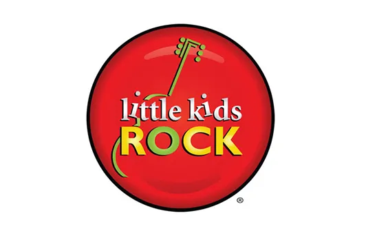 Red circular logo with a yellow guitar outline and the text "Little Kids Rock" in white and yellow lettering.