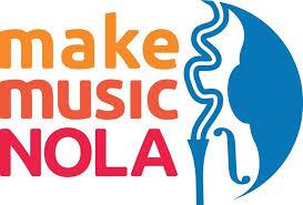 Logo of Make Music NOLA, featuring text in orange and red and an abstract blue design of a trumpet and a profile of a person's face.