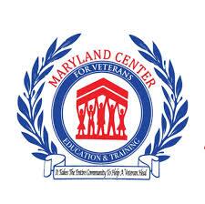 Logo of Maryland Center for Veterans Education and Training featuring a red and blue emblem with laurel wreaths, and a slogan: "It Takes The Entire Community To Help A Veteran Heal" at the bottom.