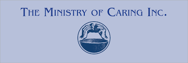 Logo of The Ministry of Caring Inc. showing an illustration of hands holding a bowl with a loaf of bread overhead, accompanied by the organization's name in blue text.