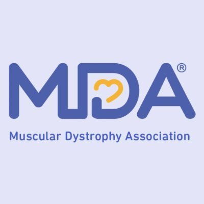 Logo of the Muscular Dystrophy Association (MDA) with the abbreviation "MDA" in blue and a heart-shaped curve in the "D," accompanied by the words "Muscular Dystrophy Association" below.