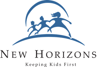 Blue logo with three stylized figures of running children under a curved line. Text below reads "New Horizons" and "Keeping Kids First.