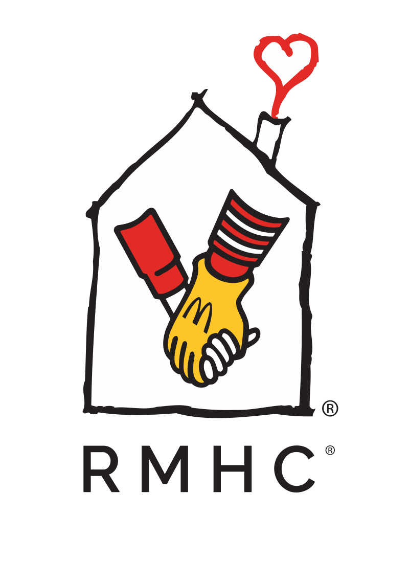 Logo of Ronald McDonald House Charities (RMHC) featuring a house with a red heart-shaped chimney smoke, and two hands shaking (one yellow with a red sleeve and the other white with a striped sleeve).