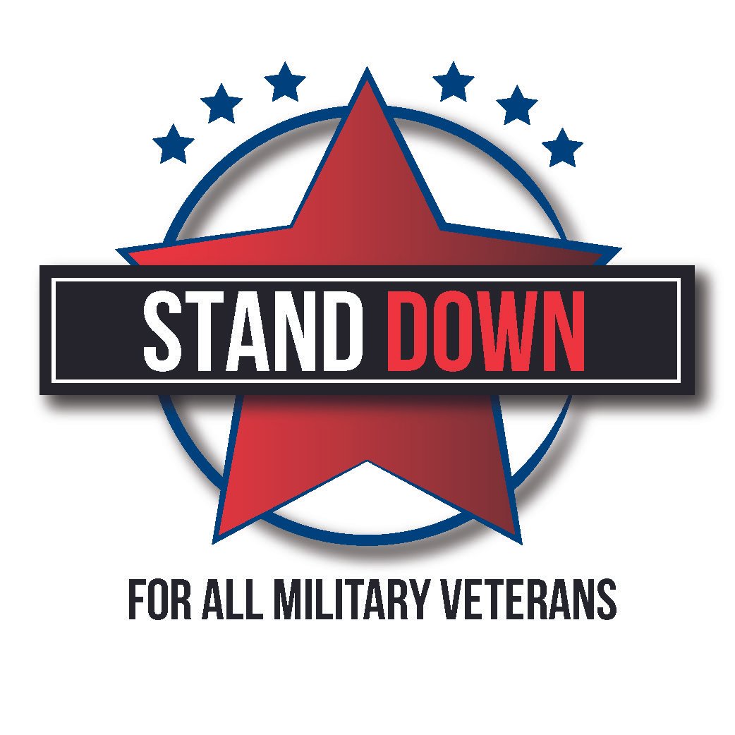 Logo featuring a red star on a blue circle with five smaller stars above. The text "STAND DOWN" is in the center, followed by "FOR ALL MILITARY VETERANS.