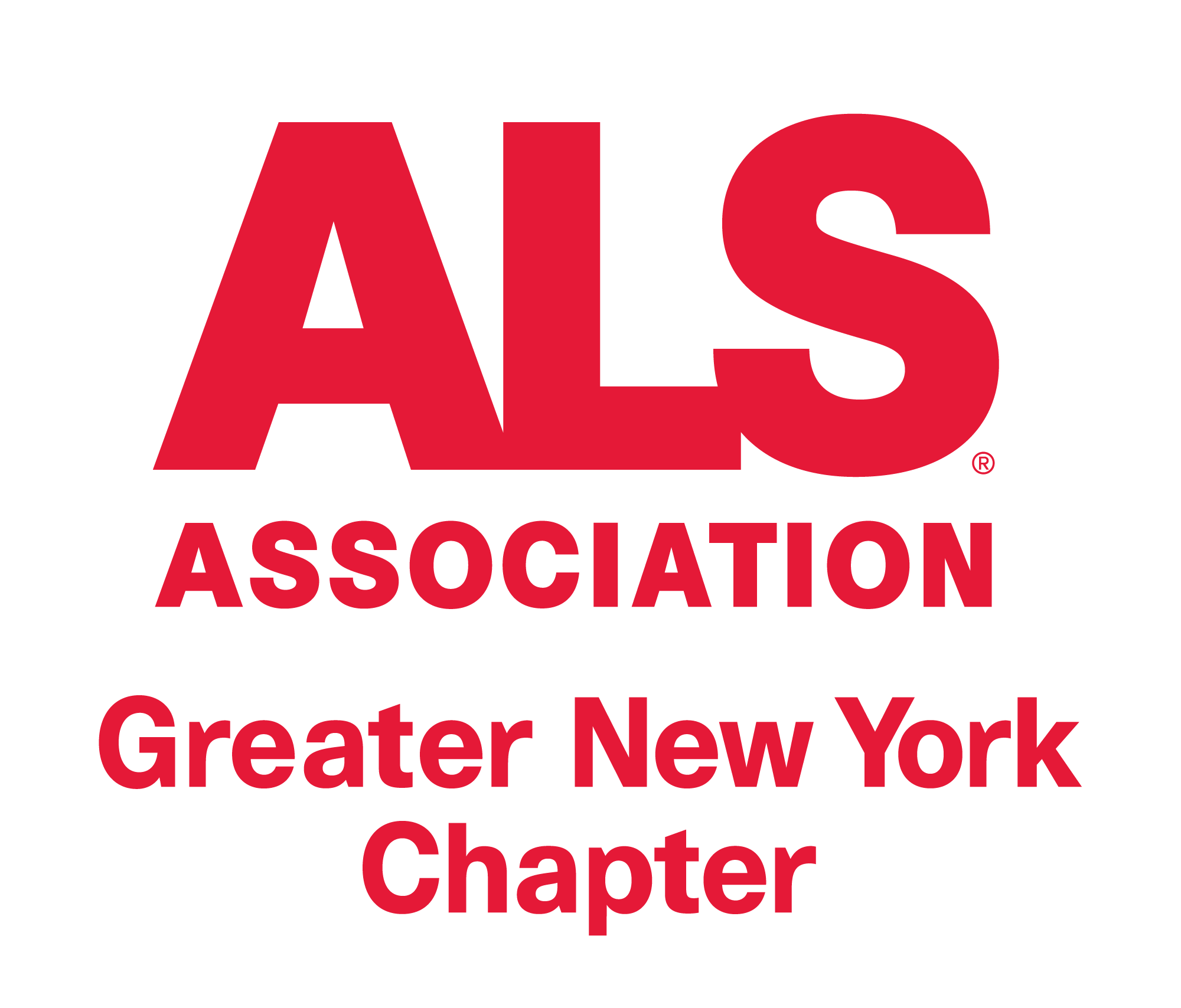 Logo of the ALS Association, Greater New York Chapter. The text is in red, with "ALS" in large font and "Association, Greater New York Chapter" below it.