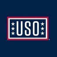USO logo featuring the letters "USO" in white, surrounded by four white stars on each side, all within a rectangular border with white, red, and blue colors.