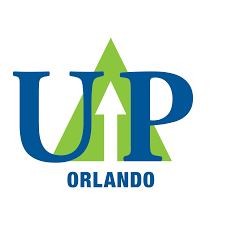Logo of UP Orlando, featuring the text "UP" in blue with a green upward-pointing arrow integrated into the letter "P," and the word "Orlando" below.