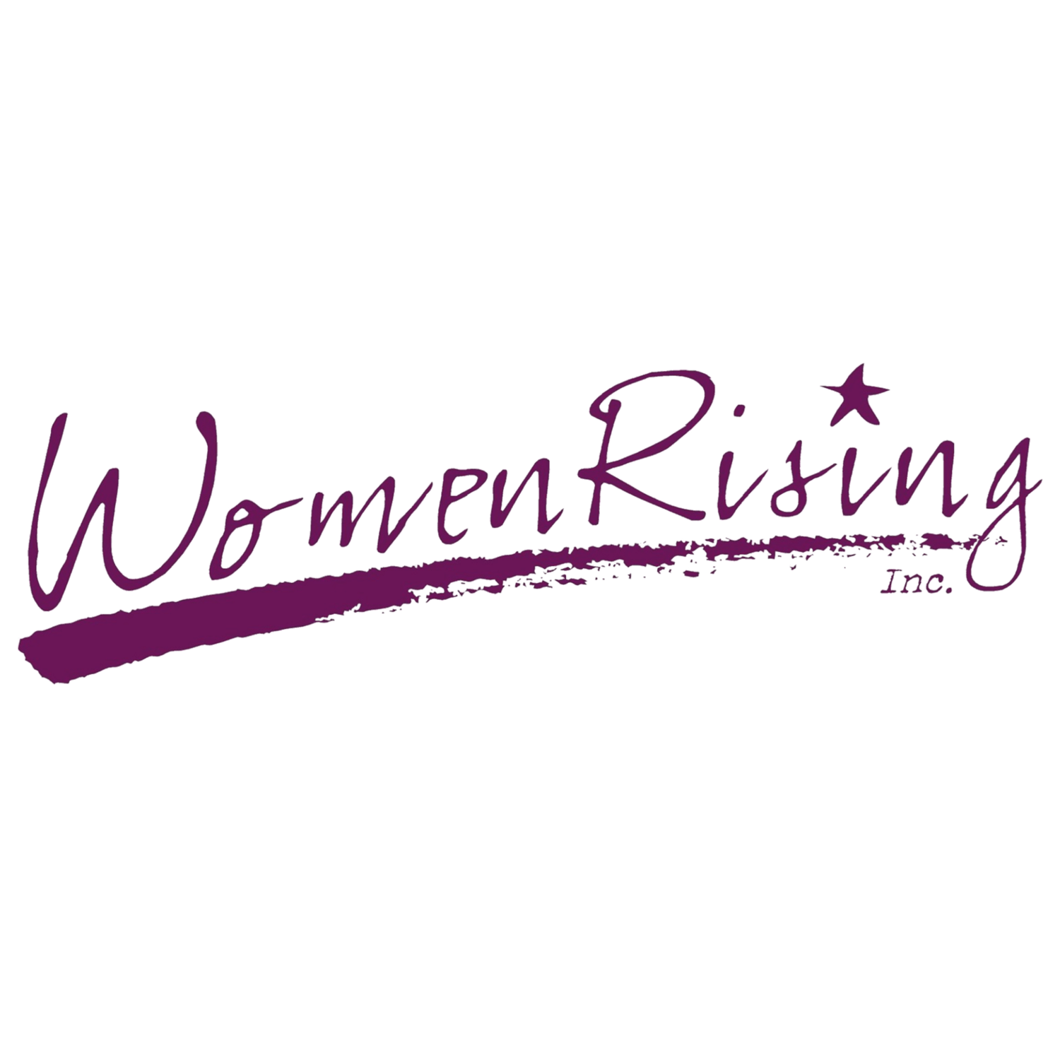 The logo for WomenRising Inc. features the organization's name in purple script with a star above the "i" in "Rising" and a purple brushstroke underneath.