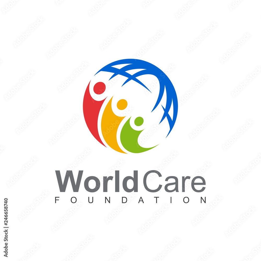 Logo of World Care Foundation featuring three human figures in red, yellow, and green, surrounded by a blue curved line forming a globe shape above the text "WorldCare Foundation.