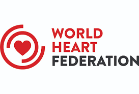 Logo of the World Heart Federation featuring a red heart within circular lines on the left, and the organization's name in red and black text on the right.