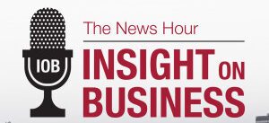 Logo for "Insight on Business: The News Hour" featuring a microphone graphic and a city skyline.