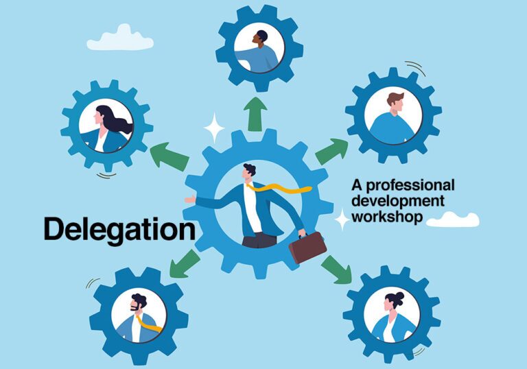 Illustration of a person in a central gear delegating tasks to four others in surrounding gears, with text reading "Delegation: A professional development or DISC workshop.