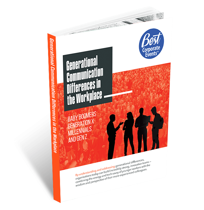 A team building book titled "Generational Communication Differences in the Workplace" featuring silhouettes of people talking against an orange background with a crowd.