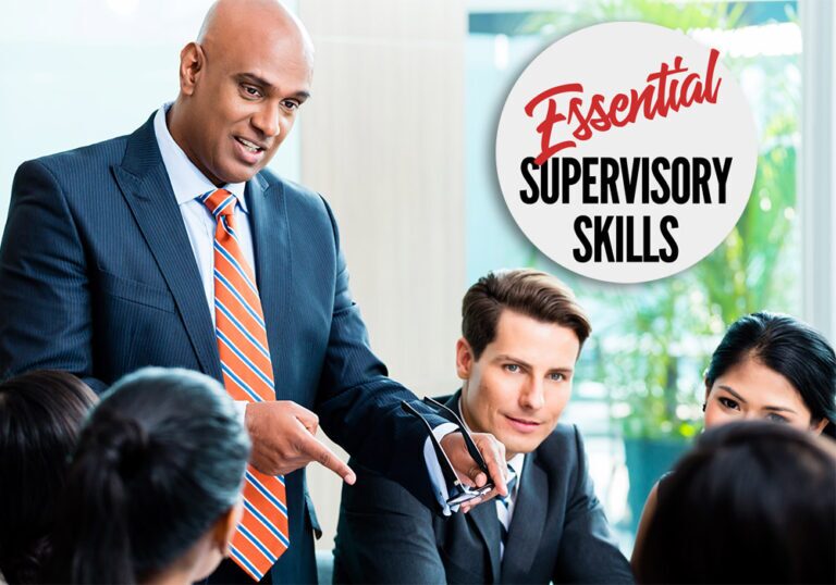 Man in business suit leading a meeting with four colleagues; text reads "Essential Supervisory Skills" in background, highlighting a DISC workshop for effective team leadership.