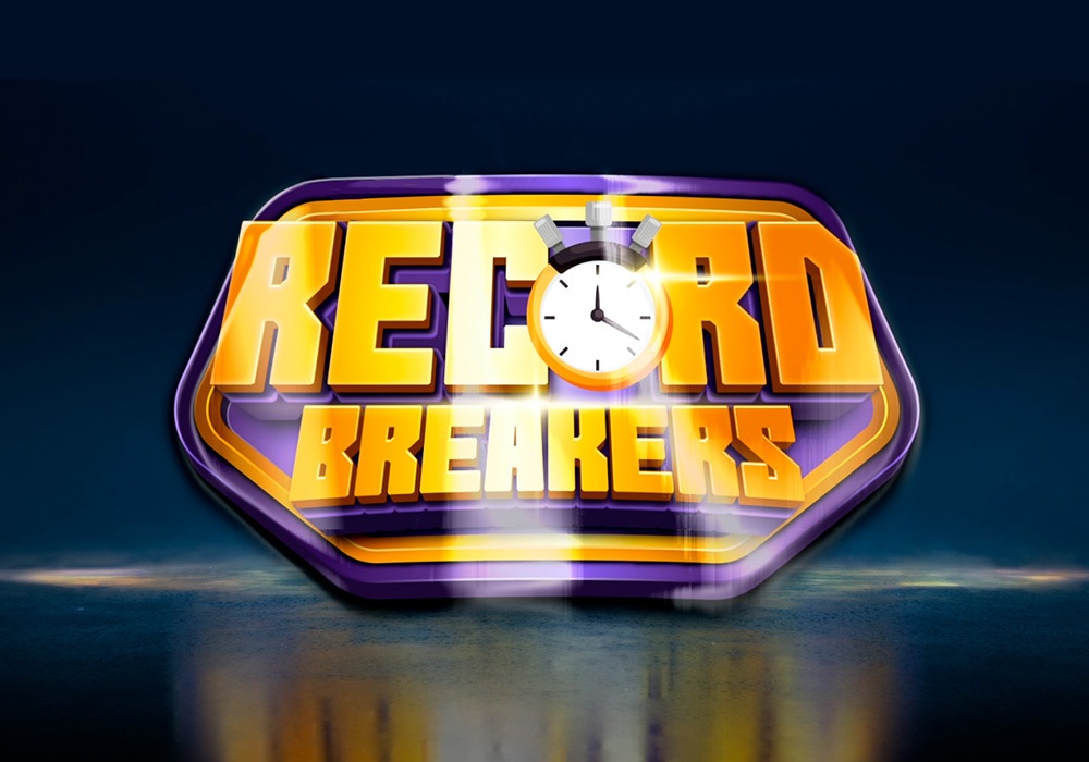 A logo with bold yellow text reading "RECORD BREAKERS" and a stopwatch in the center, capturing the energy of record breakers on a dark background with a glowing effect.