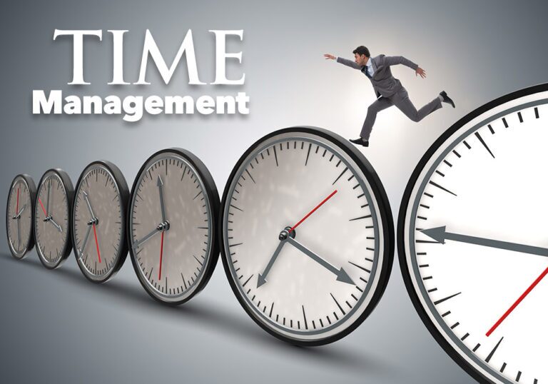 A man in a business suit runs on top of large clock faces, with the text "Time Management" above him.
