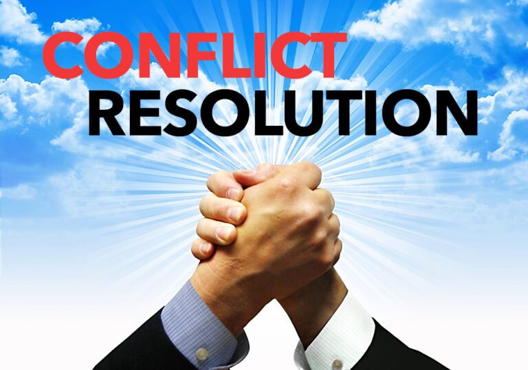 Two people in business attire clasp hands in front of a sky with clouds, with the words "CONFLICT RESOLUTION" in bold letters above them.