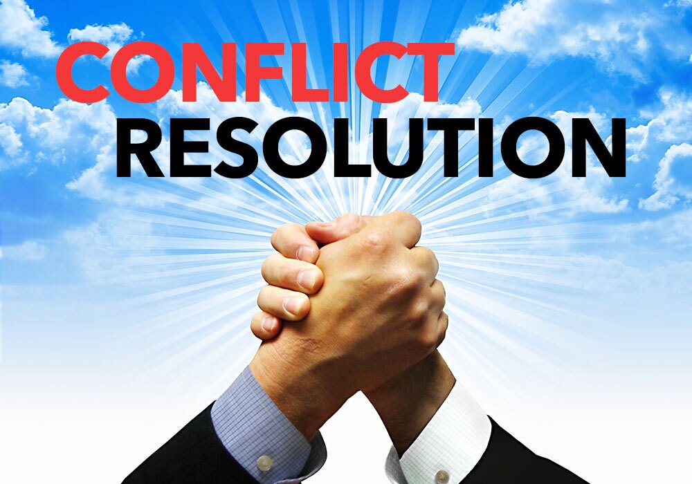 Two people in business attire clasp hands in front of a sky with clouds, with the words "CONFLICT RESOLUTION" in bold letters above them.