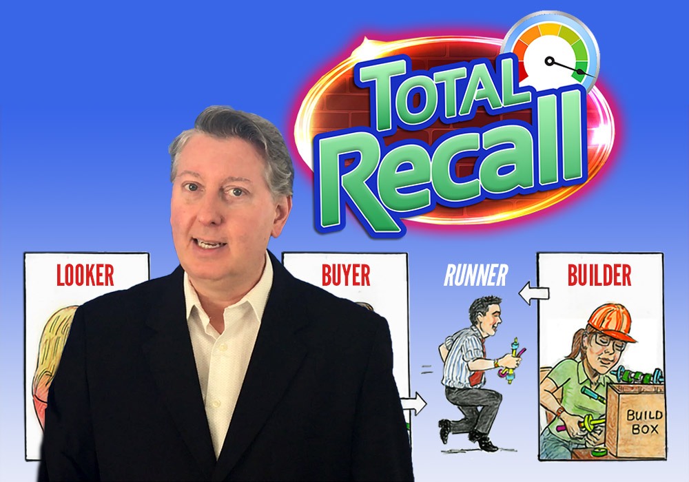 A man in a suit stands in front of a "Total Recall" graphic, with illustrated panels labeled Looker, Buyer, Runner, and Builder in the background.