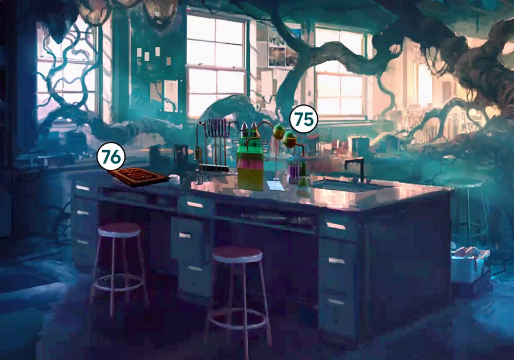 A screenshot of a room with a bar and stools.