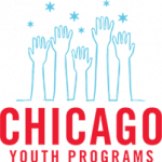 A blue, red, and white logo with a red and blue stripe.