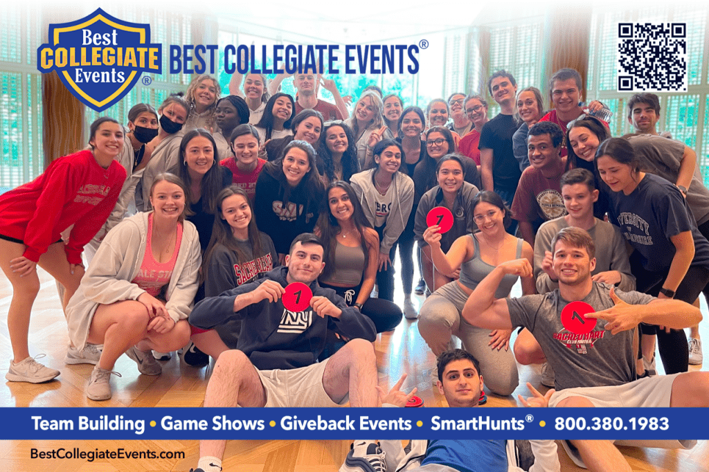 A corporate team building group posing for a photo with the words best college events.