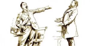 A drawing of two men talking to each other.