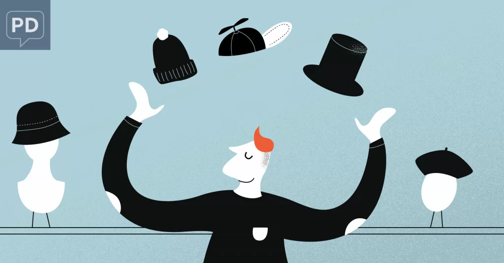 An illustration of an effective team building facilitator juggling hats.