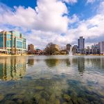 A pond in the middle of a city.