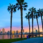 San diego skyline at sunset with palm trees in the background.
