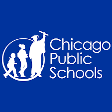 Chicago public schools logo on a blue background.