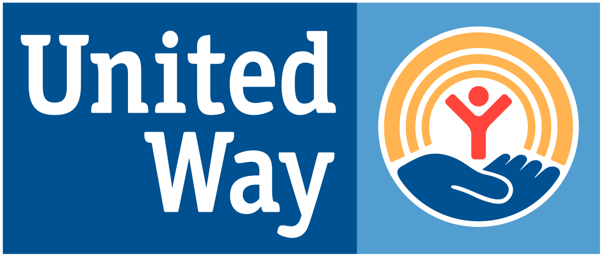Logo of United Way featuring the text "United Way" on a blue background, next to an image of a stylized person in orange within an outstretched hand inside concentric circles.