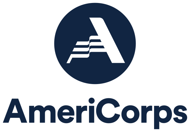 AmeriCorps logo featuring a stylized letter "A" with three horizontal stripes in a navy circle, with the word "AmeriCorps" below in navy text.