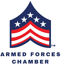 The logo for Armed Forces Chamber features five white stars above red and white stripes, resembling a military rank insignia, with the text "Armed Forces Chamber" below.