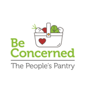 Logo of "Be Concerned: The People's Pantry" featuring a shopping basket with food items and a red heart.